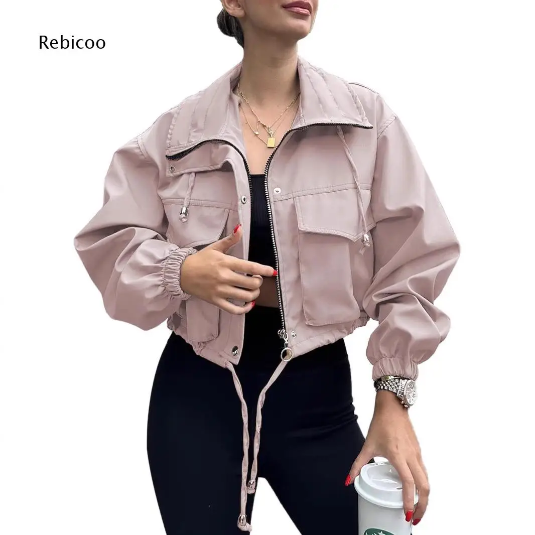 Women Long Sleeve Cropped Outerwear Full Zip Stand Collar Drawstring Adjustable Hem Multi Pockets For Outdoor Daily Matching