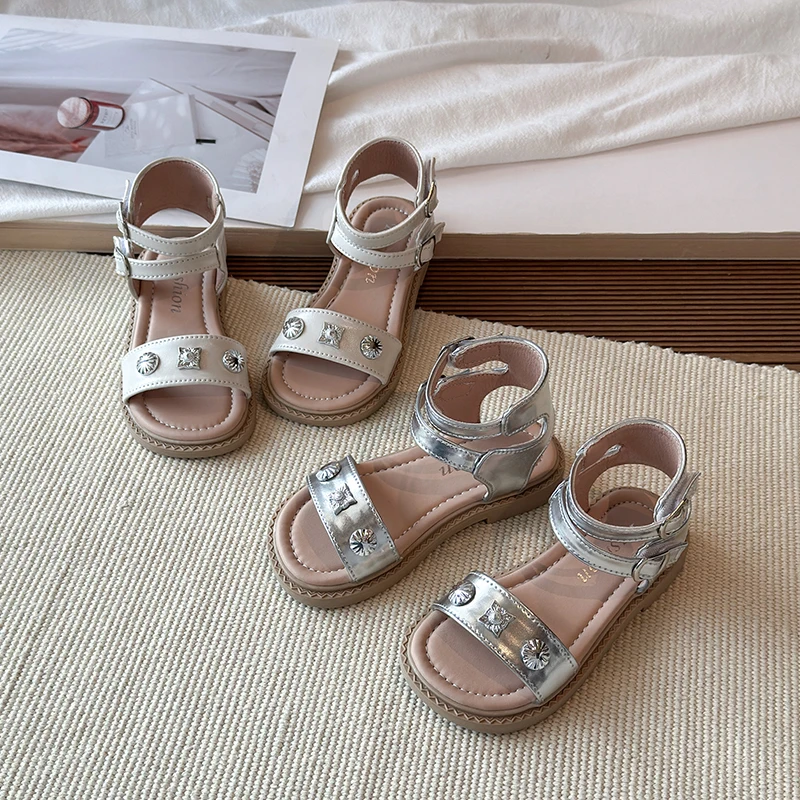 Kids Rhinestone Roman Sandals Summer New Girls Open Toe Sandals for School Outdoor Princess Non-slip Children Gladiator Sandals