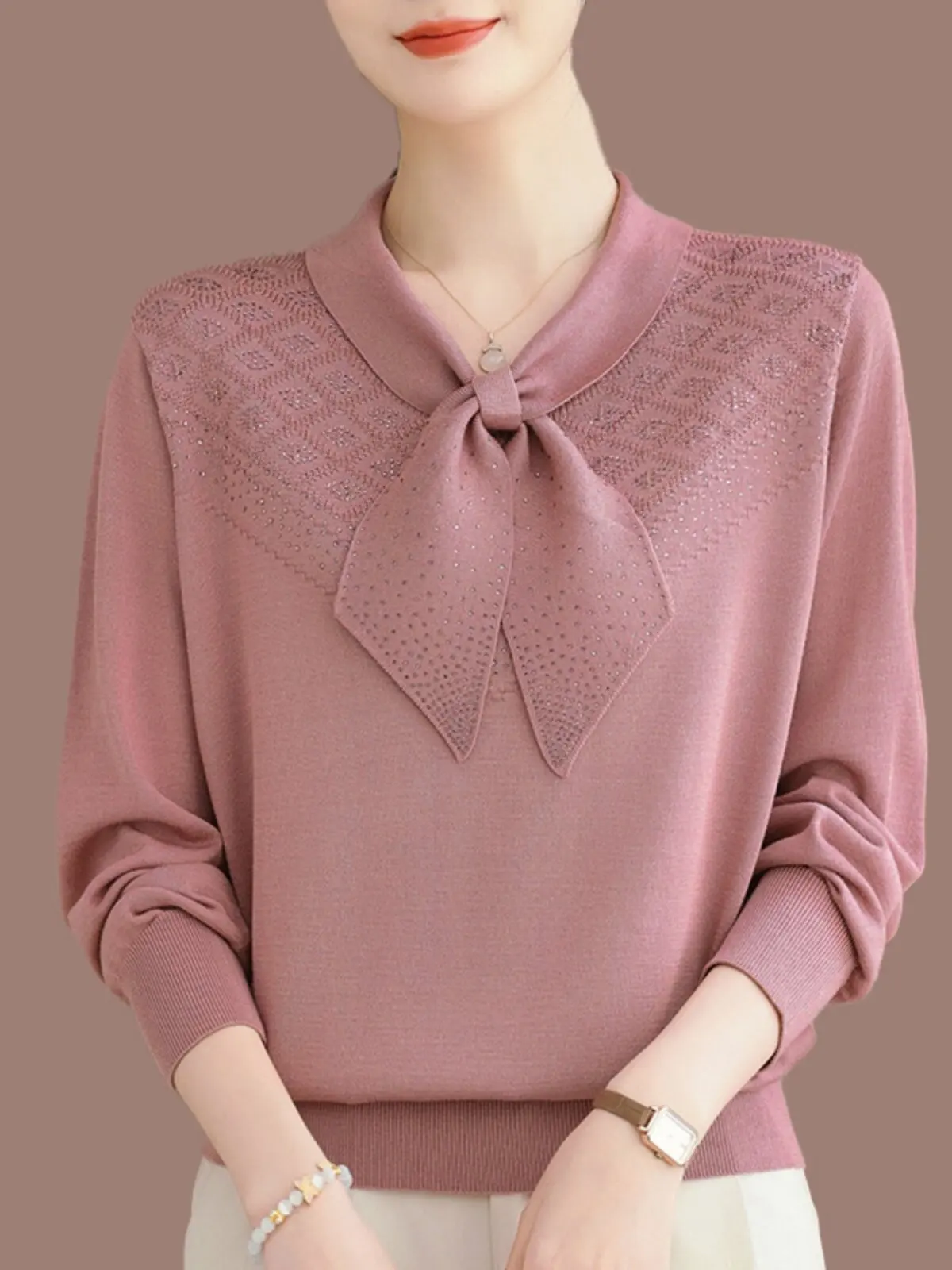 High-End Long Sleeve Knitted Top Women's Spring Autumn New Style Slim Fit Collar T-Shirt Base Shirt Casual Style  Knot