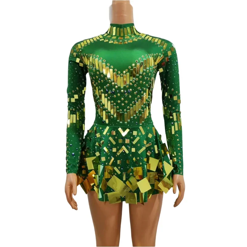

Party Sequins Short Dress Ballroom Dance Costume Green Blue Mirror Women Team Sexy Stage Wear Drag Queen Performance Cloth