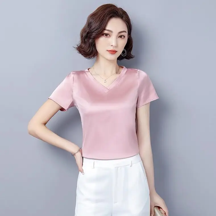 2024 Fashion Summer Chiffon Shirt Blusas de Mujer Women Short Sleeve Satin Blouse Office Lady V Neck artificial silk Blouses