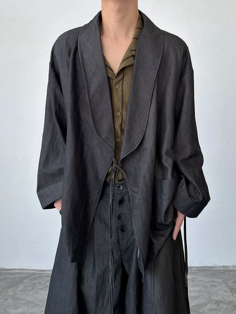 Unisex Cross Collar Loose Fit Vintage Style Long Sleeve Shirt BKYC Artistic Retro Feel Outerwear Coat Open Cardigan Jacket