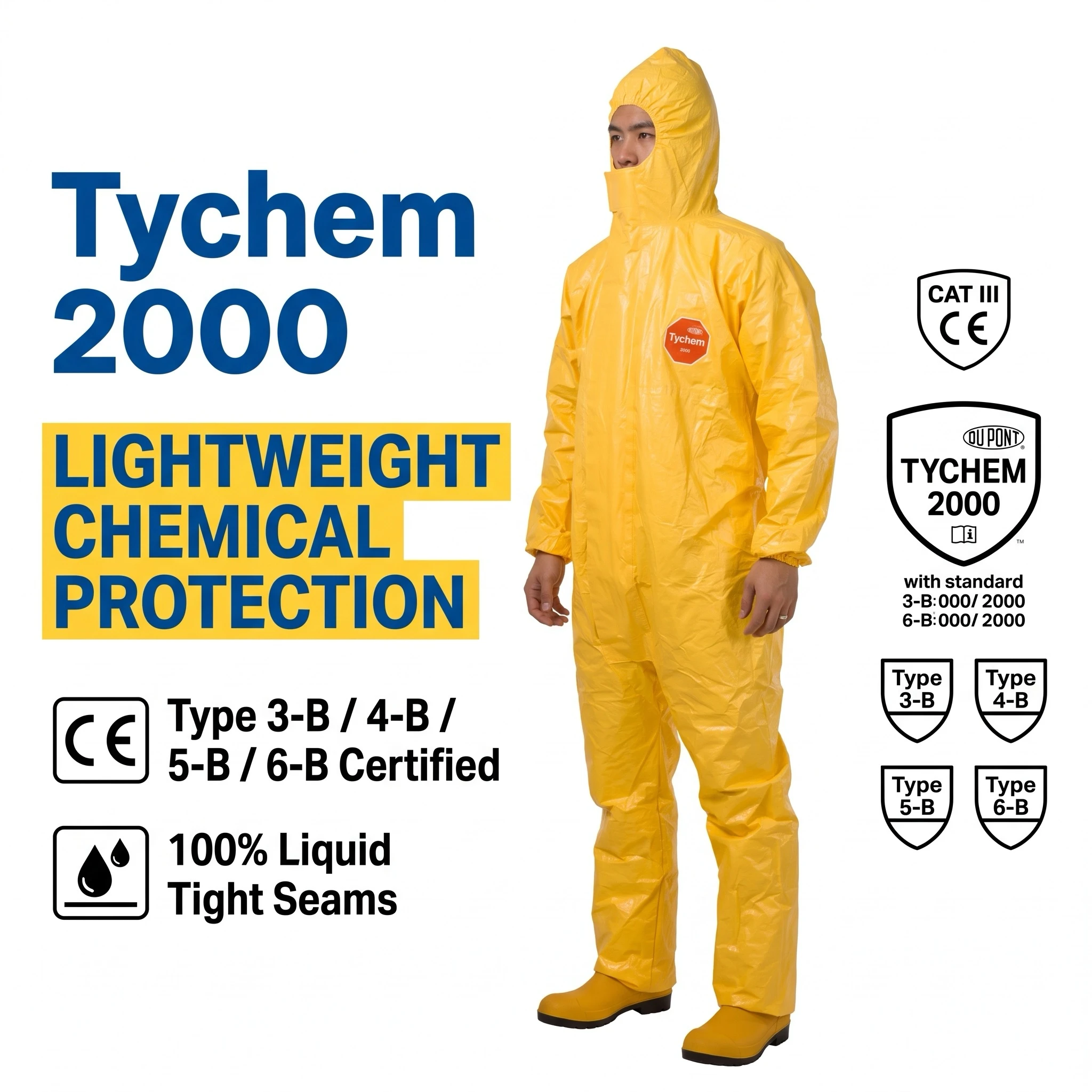 Dupont Tychem 2000 Chemical Protection Suit Waterproof Yellow Hazmat Suits Full Body Disposable Coveralls PPE Safety Workwear