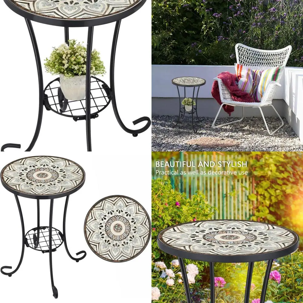 

Brown Metal Frame Mosaic Patio Side Table, 14 for Garden, Balcony, Beach
