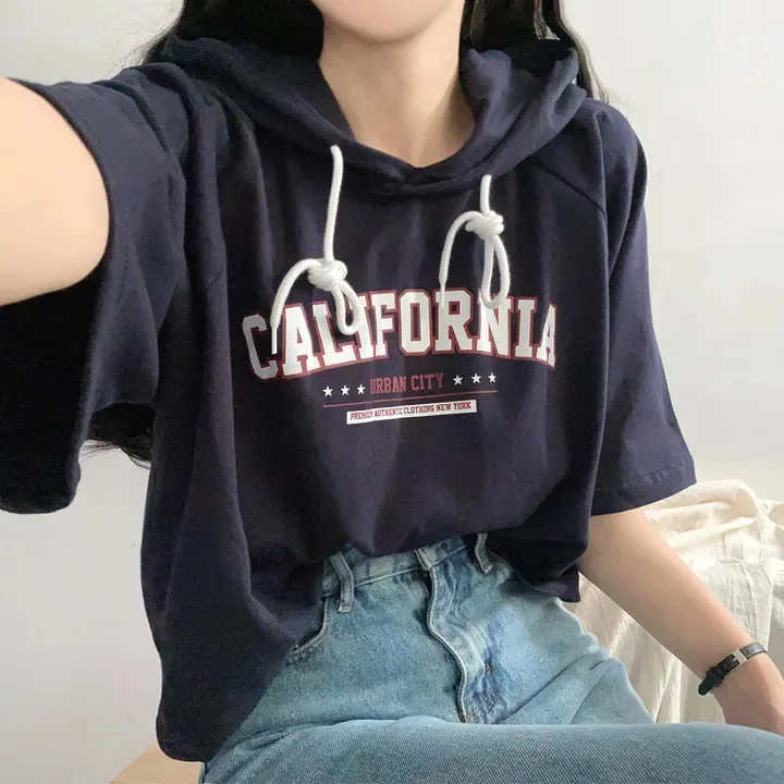 Women Clothing 2024 Casual Short Sleeve Hoodies T-shirt Summer Fashion All-match Female Letter Printing Patchwork Tops With Hat