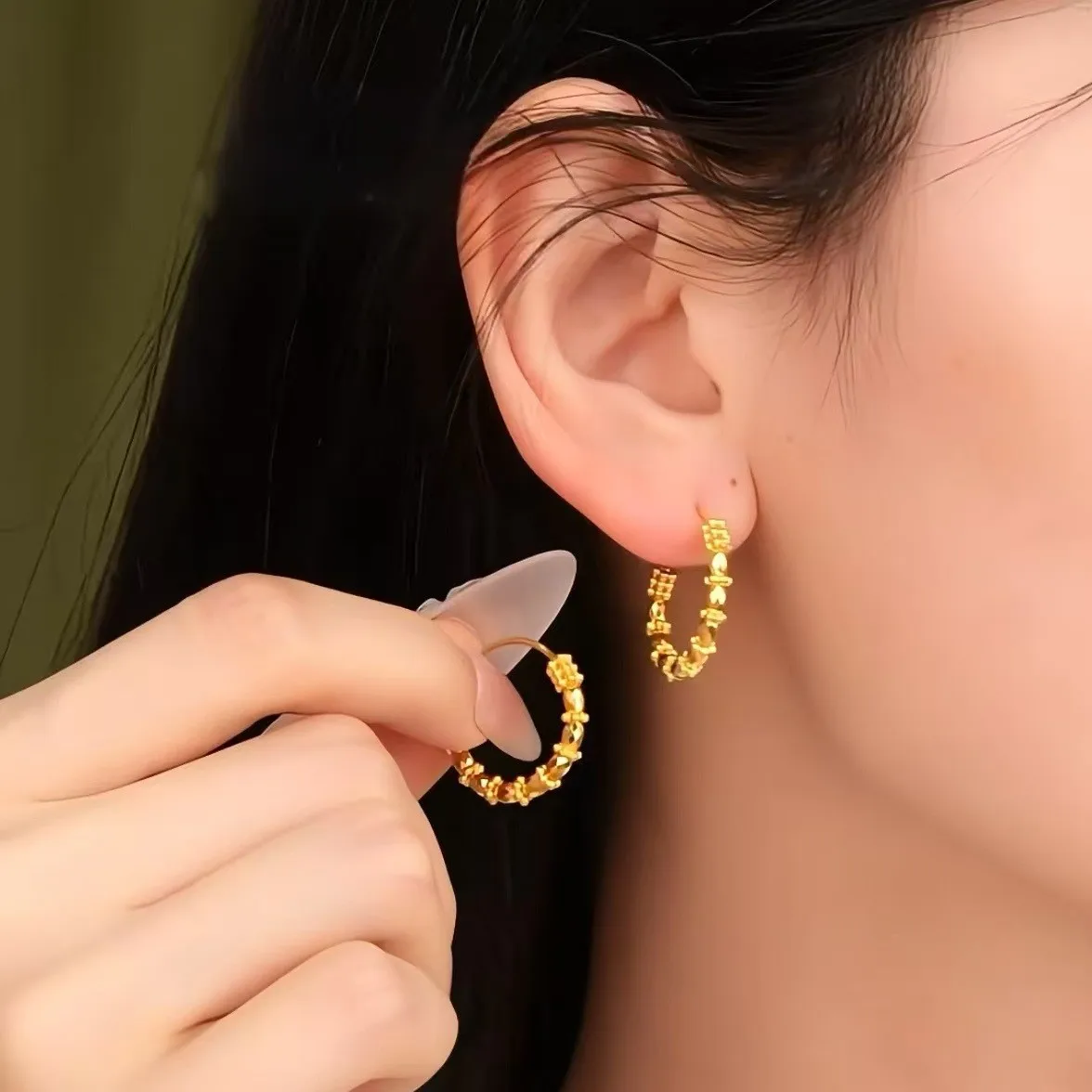 Shiny K18 Gold Color Beaded Circle Earring for Women Bride Wedding Engagement Stud Earrings Jewelry Sets Gifts Not Fade