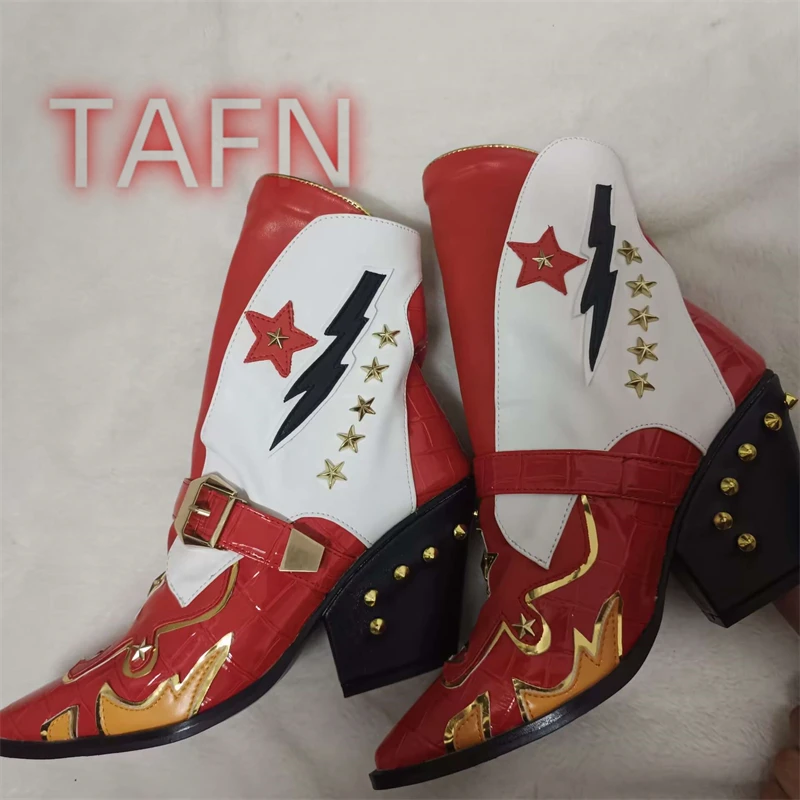 Red Multi Pointed Toe Western Cowboy Boot with Metallic Star Studs Block Heel Ankle High Female Party Dress Shoes Runways 44