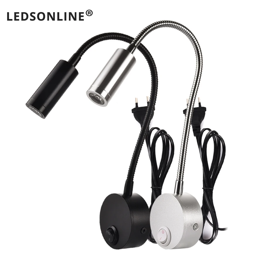 Hot 3W LED Wall Lamps Children Reading Lamp Bedside Lighting AC90-260V Aluminum 360 Degree Rotating + switch and EU US Plug