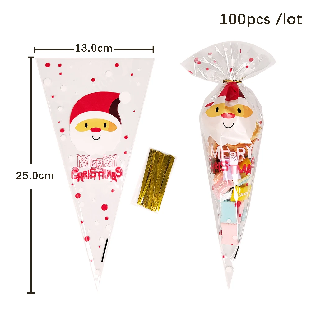 100 Stück Weihnachtsgeschenktüten Weihnachtsmann Schneeflocke Süßigkeiten Keks Kegel Tasche Kunststoff Xmax Verpackung Lieferungen Weihnachtsdekoration 2024 – Detail 3