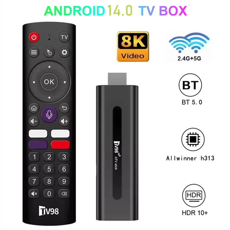 

TV98 ATV Smart TV Stick Android 14.0 TV Box Allwinner H313 8K Video BT5.0 2.4G 5G WiFi Media Player 1G 8G 2GB 16GB Voice remote