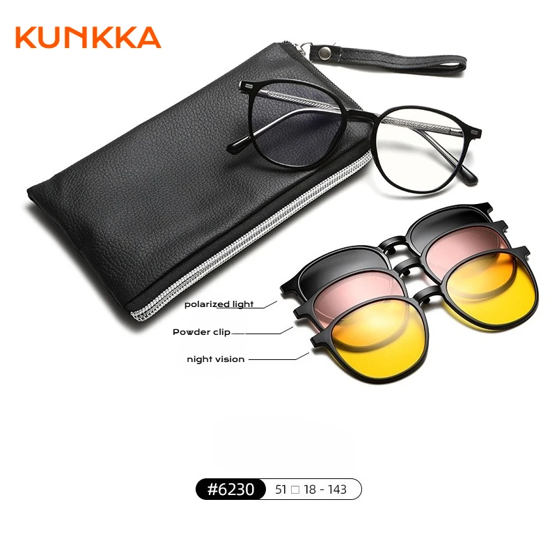 KUNKKA Retro Round Prescription Glasses Men Women Magnetic Clip Polarized Sunglasses Anti-Blue Light Myopia Hyperopia Eyewear