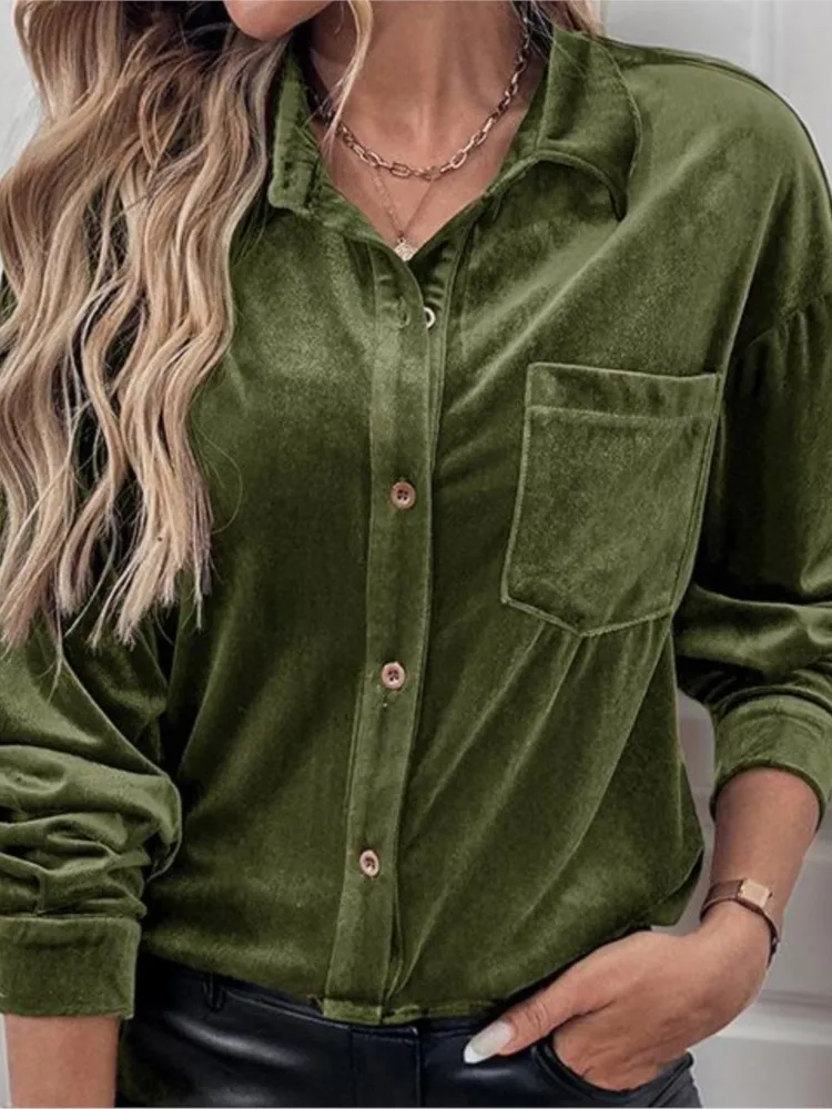 2024 nueva primavera otoño Color sólido terciopelo camisa cuello Casual manga larga camisa de un solo pecho con bolsillos Top