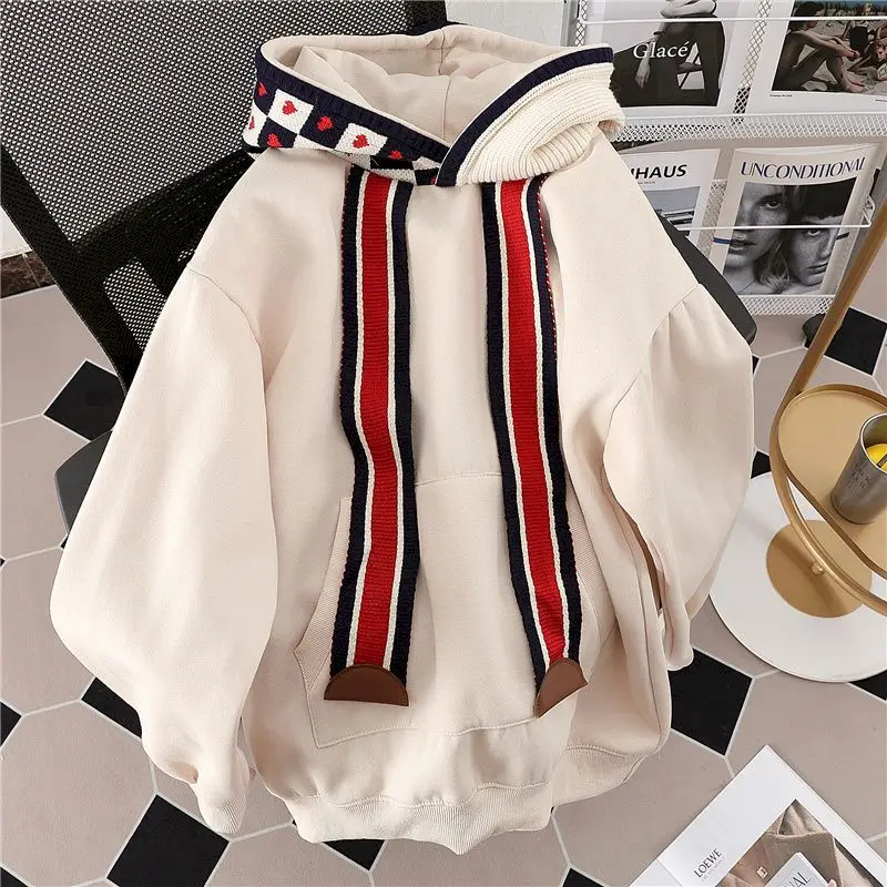 Love Splice Hoodies Women Autumn Winter Trendy Plush Thicken Trendy Hooded Coats Loose Fashion Big Drawstring Design Hoodie Y2k