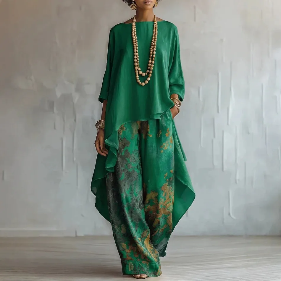 Damen 2-Teiliges Set: Locker Sitzendes Oberteil mit Langen Ärmeln und Unregelmäßigem Schnitt, Lässige Bedruckte Weite Hose, Modisches Frühlings- und Herbst-Outfit – Detail 7