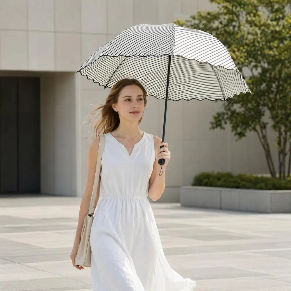 Sun Protection Umbrella Uv Protection Umbrella Striped Folding Umbrella with Wavy Edge Uv Protection Travel Windproof for Women