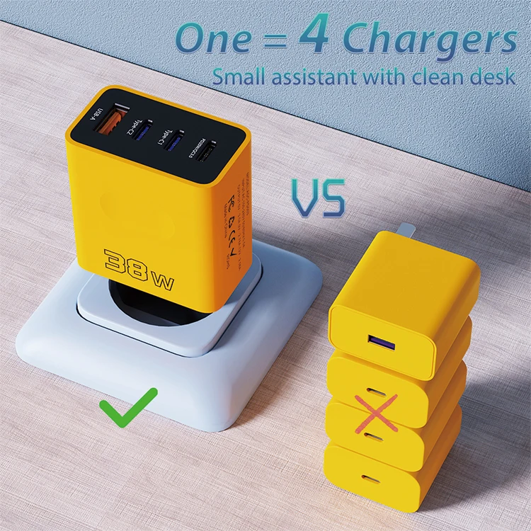 US/EU/UK 3PD+1U 4 Port Mobile Phone Charger Fast Charging Adapter 38W USB Type C Cell Phone Fast Charger