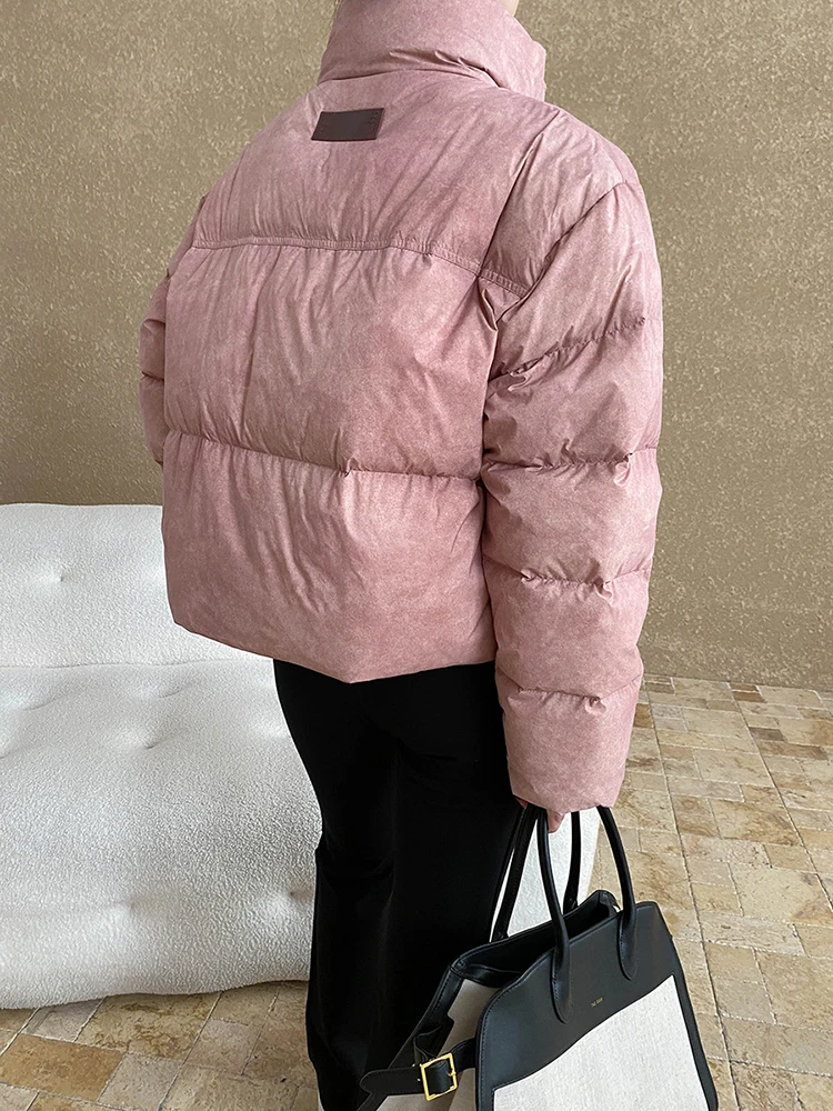 [EAM] Lila Große Größe Kurze Warme Daunenjacke Neue Stehkragen Langarm Warme Frauen Parkas Mode Herbst Winter 2024 1DH7966