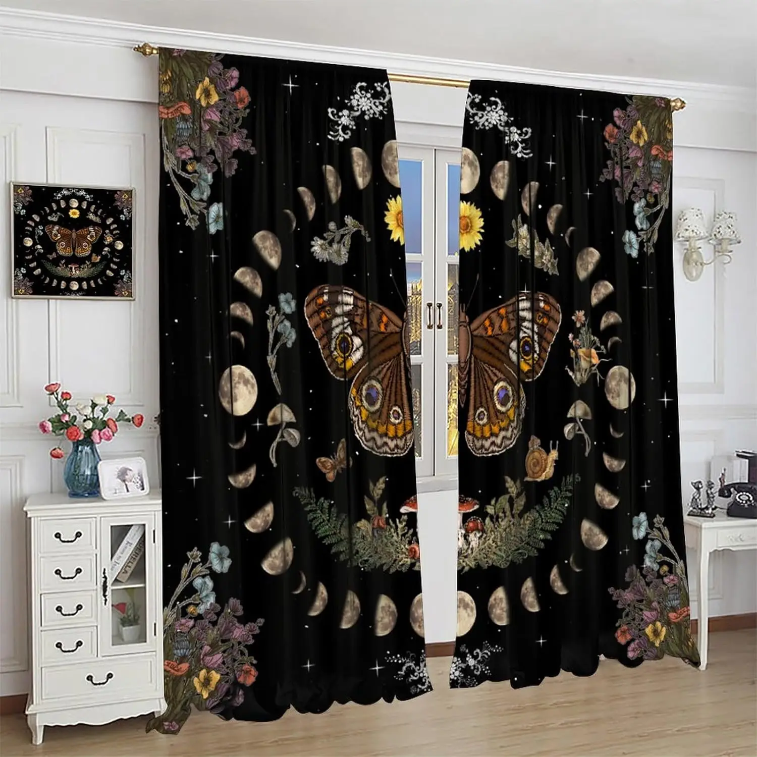 Witchy Boho Goth Curtain, Mysterious Moon Phase Garden Flower Plant Gothic Aesthetic Window Curtain for Bedroom Living Room Home