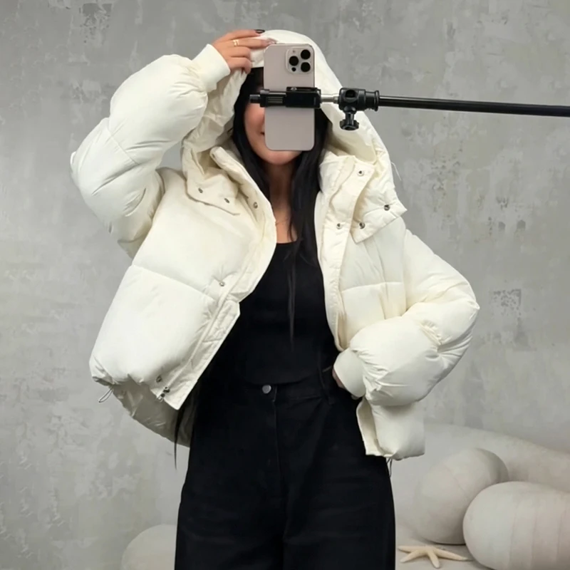 Winter Warm Women's Solid Short Puffy Coat Elastic Cuff Detachable Hood Cropped Down Jacket Casual Versatile Zipper Outwears