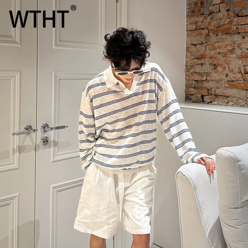 

WTHT модные новые летние мужские полосатые свободные футболки 2025 года, модные топы с отложным воротником и длинными рукавами, мужские топы 2024, лето 2A1207