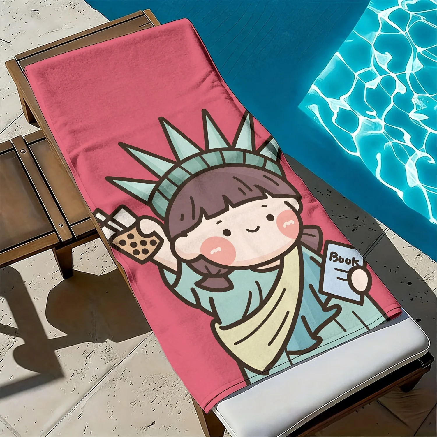 Fun cartoon-style Statue of Liberty polyester microfiber beach towel is highly absorbent suitable for swimming and beach outings