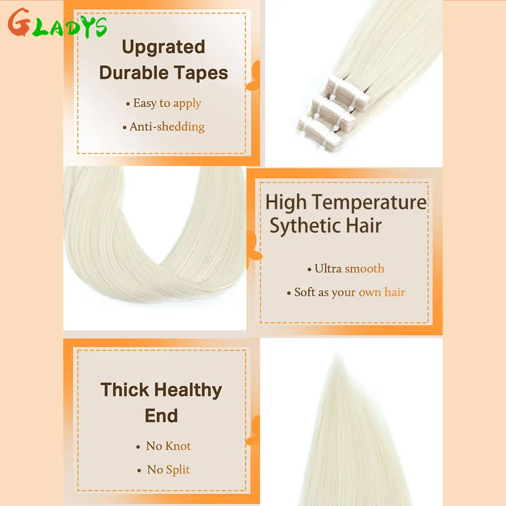 Nastro dritto da 26" nelle estensioni dei capelli Estensione dei capelli sintetici Bianco Blu Rosso Nastro adesivo biadesivo per capelli 20 pezzi per confezione