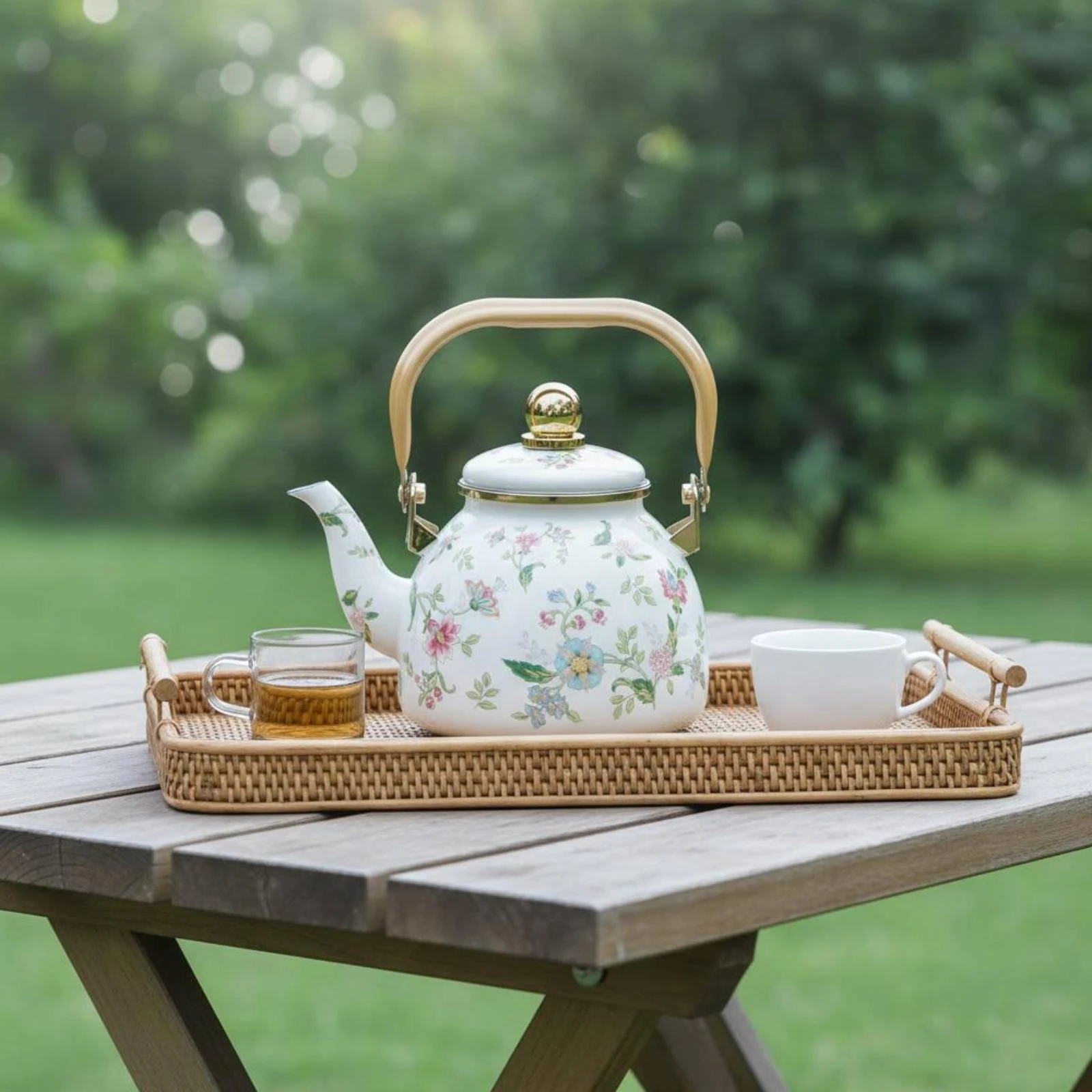 Lidded Enamel Teapot Gold-Tone Trim Mesh Strainer Teapot Tea Infuser Pot Glossy Tableware Enameled Interior view 3