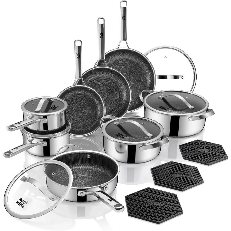 

Hybrid Stainless Steel 17PC Nonstick TriPly Cookware Set with Frying Pan for Stovetop Cooking Dishwasher and Oven Safe PFOAFree