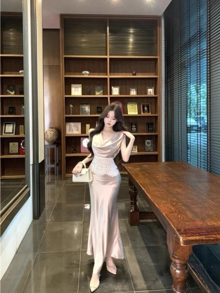 

Summer Women Premium Two Piece Set Lace Splicing Draped Neck Sleeveless Camisole Fishtail Midi Skirt Elegant Style