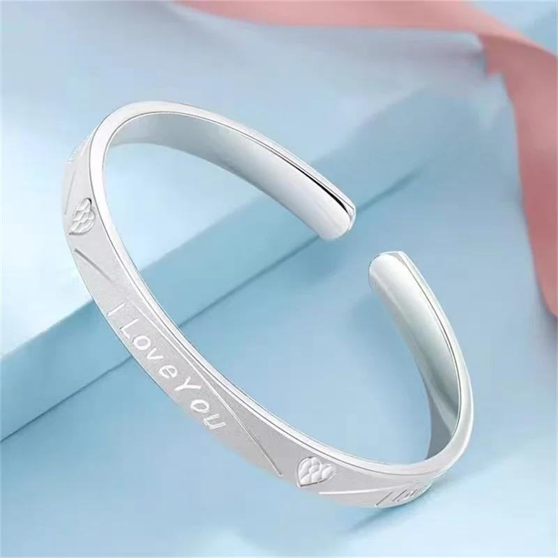 Romantic Love Theme 999 Silver Bracelet I Love You Engraved Glossy Open Cuff Bangle Minimalist Lover Jewelry