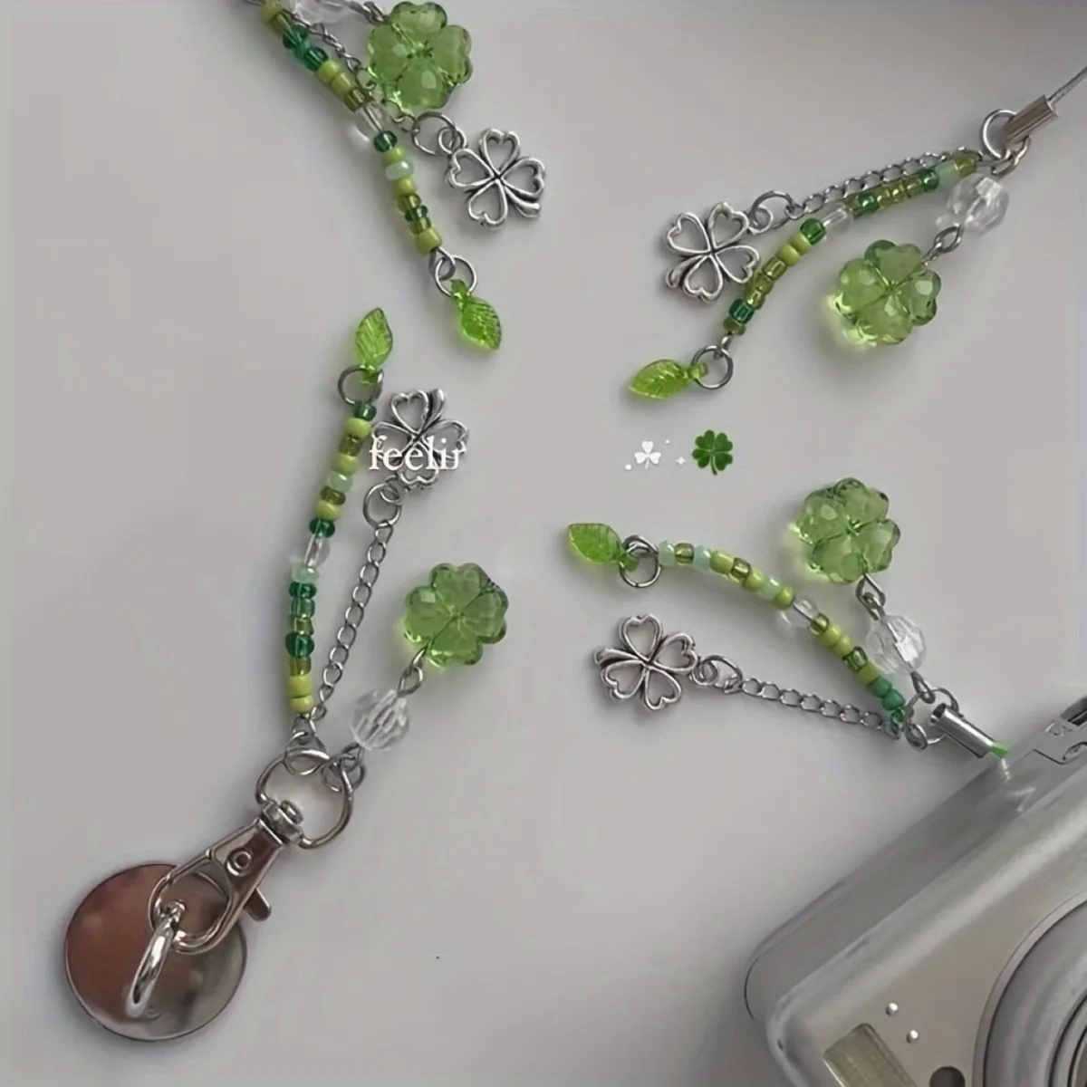 Fashionable Green Summer Clover Beaded Phone Hanger - Handmade ABS Resin Phone Case Accessories