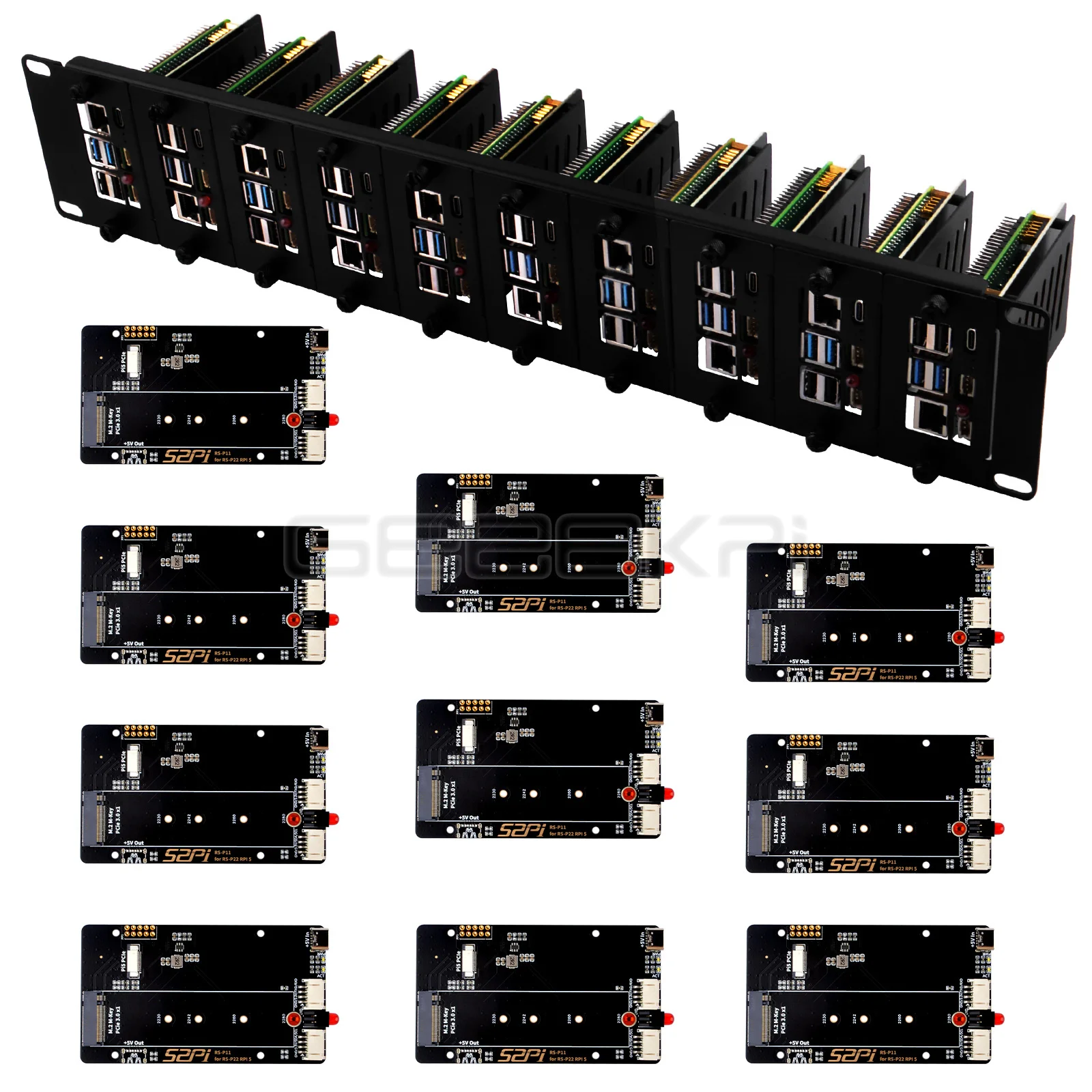 2U Rackmount Steel Bracket Kit for Raspberry Pi 5 M.2 NVMe SSD 2230/2242/2260/2280 10 Slots