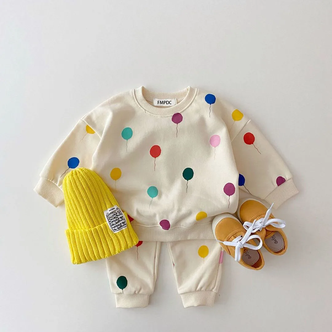 Newborn Spring Autumn Clothing Baby Full Children Boys Balloon Print Kid Girls Long Sleeve Pants Two Piece Set