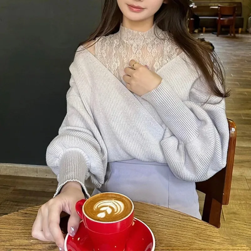 Autumn 2024 Japan Style New Sweet Solid Color Tops Off-the-Shoulder Lace Stitching Pullover Deisgn Elegant Knitted Sweater Woman