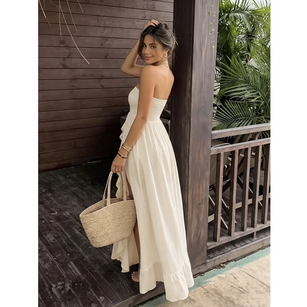 Sexy Boho Style Solid Color Strapless Dress, Lightweight Transparent High Split Ruffle Cover-Up, Perfect for Beach Vacation