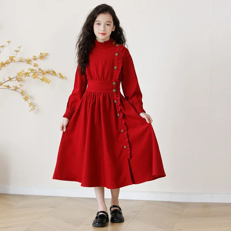 

Children Girl Corduroy Dress Autumn Winter Thick School Girl Lace Collar Pure Color Retro Dress Junior Girl Metal Buttons Dress