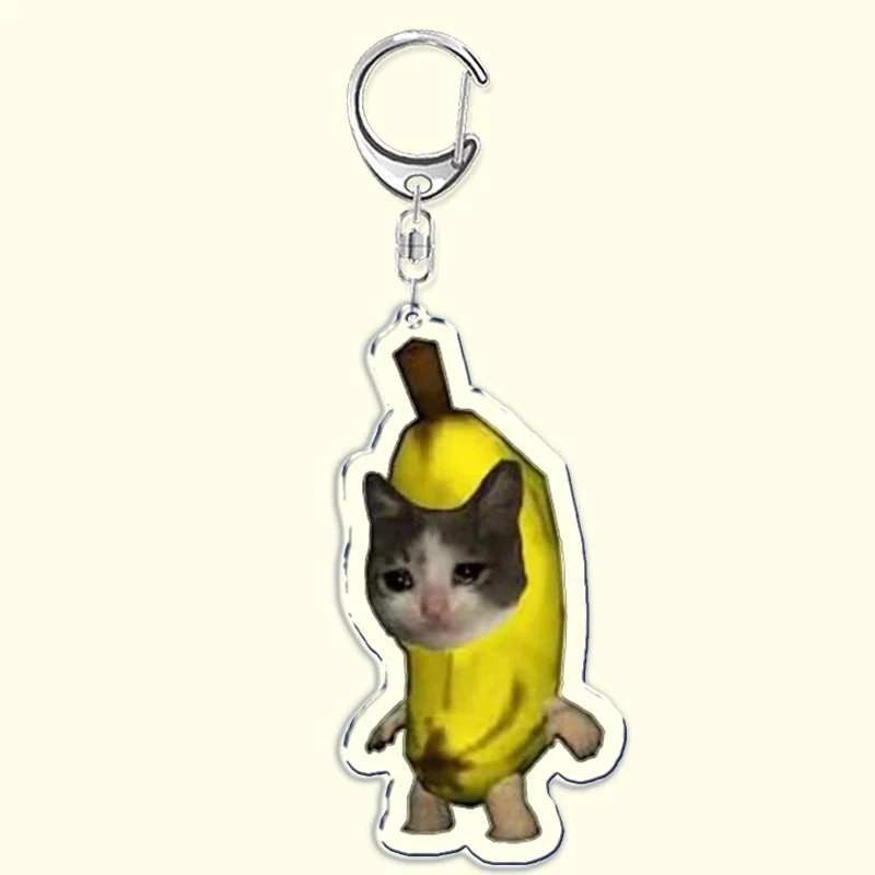 Diversão chorando banana gato meme chaveiro engraçado fruta gatos felizes pingente chaveiro para mulher homem jóias acessórios presentes