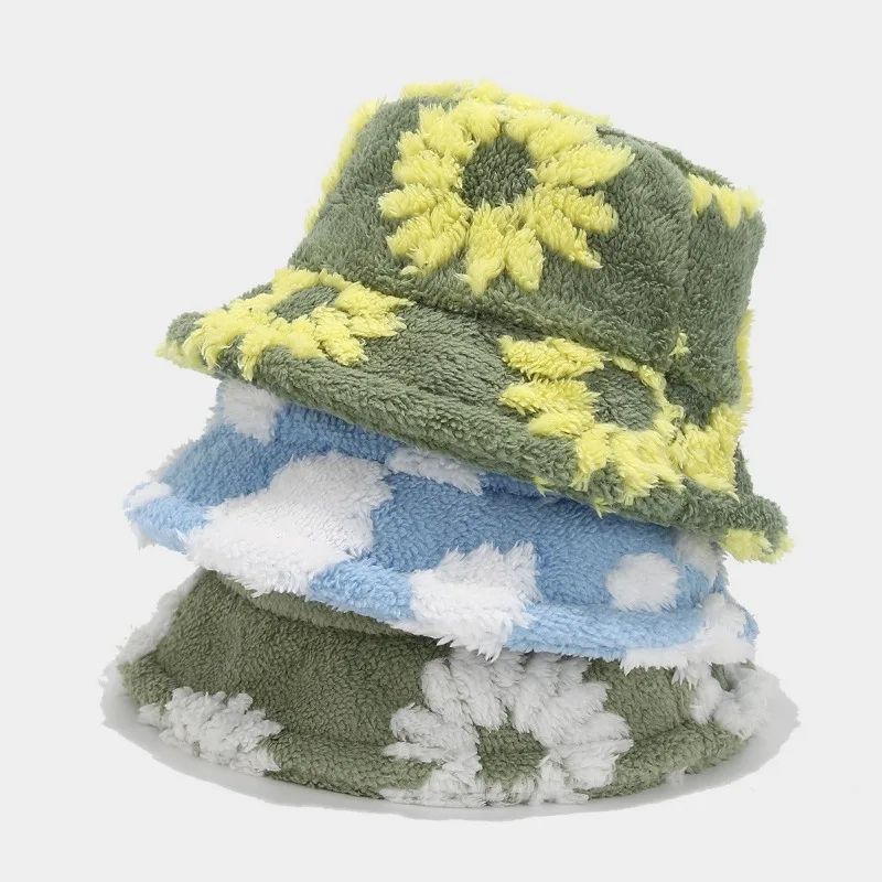 Small Fresh and Fashionable Flower Pattern Plush Bucket Hat Women's Fashion Versatile Casual Basin Hat Outdoor Warm Hat