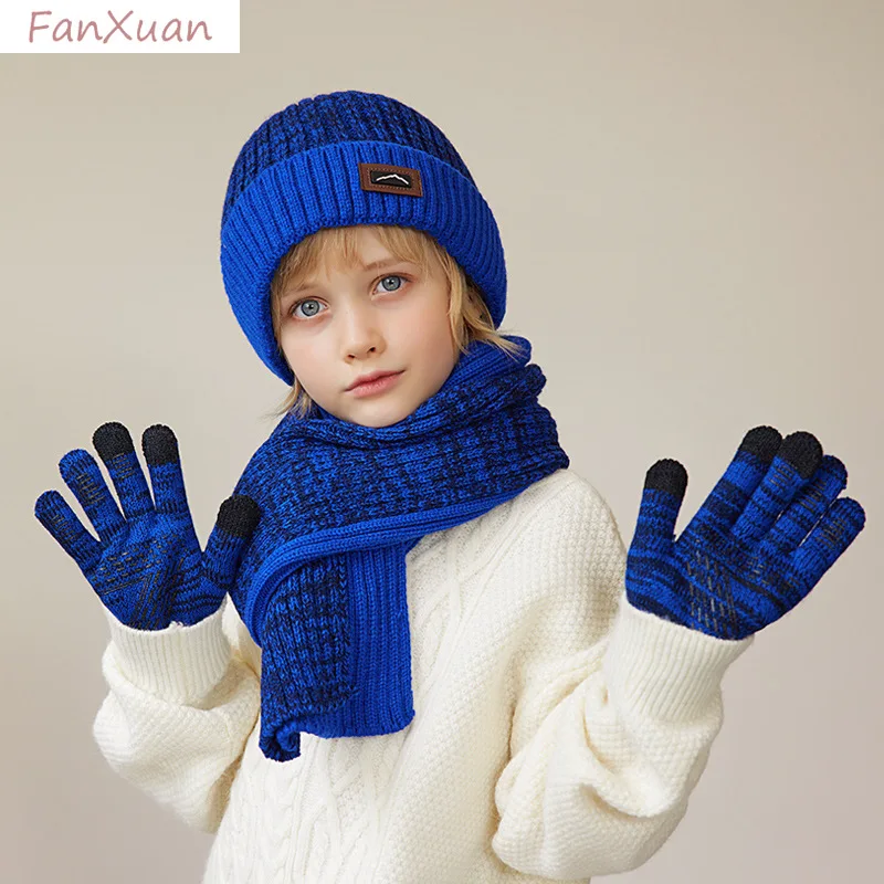 

2pcs 3pcs set boy winter hats long scarf gloves striped knit beanies fleece-lined thickened double layers 4-10Y winter caps boy