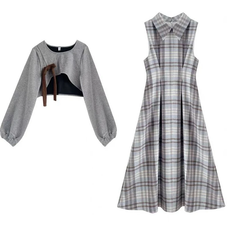 French Vintage Elegant 2 Piece Set Women Y2k Plaid Design Dress + Long Sleeve Tops Harajuku Casual Retro Korean Popular Clothes image 5