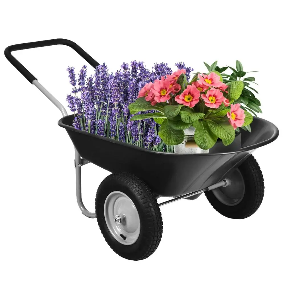 Heavy Duty Garden Dual-Wheel Wheelbarrow Utility Cart 5 Cubic Feet Capacity 330 lbs Rust Resistant All-Terrain Wheels & Built-in