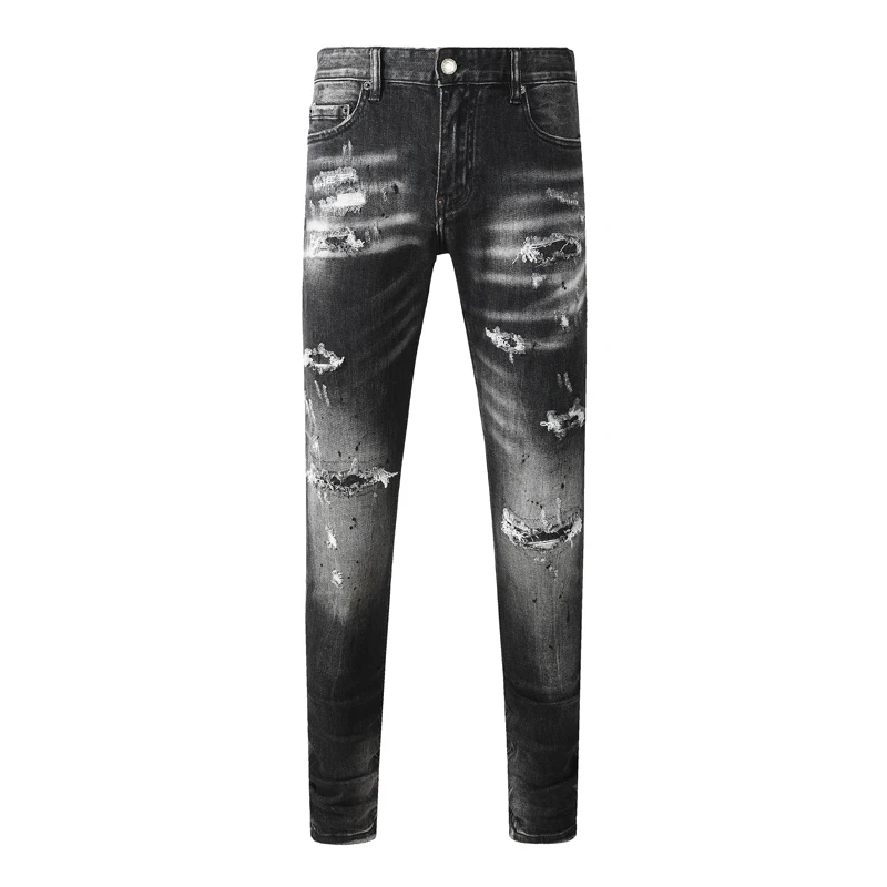 Men's street fashion jeans, painted, pleated, elastic, slim fit, ripped hole, washed, nostalgic, black jeans, designer, hip-hop