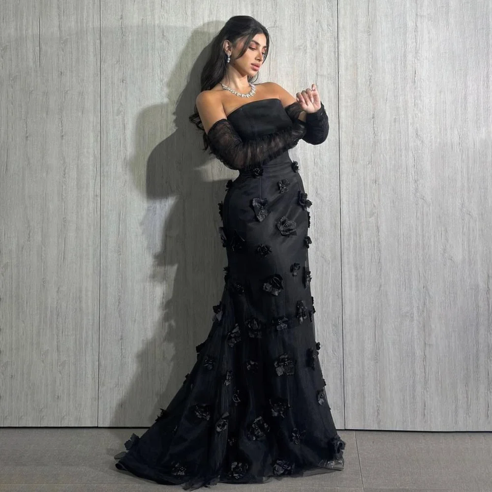 

Black Mermaid Prom Dress Saudi Arabian Party Dresses Customized Straopless Flower Pleat Satin Formal Evening Gown Robe De Soiree