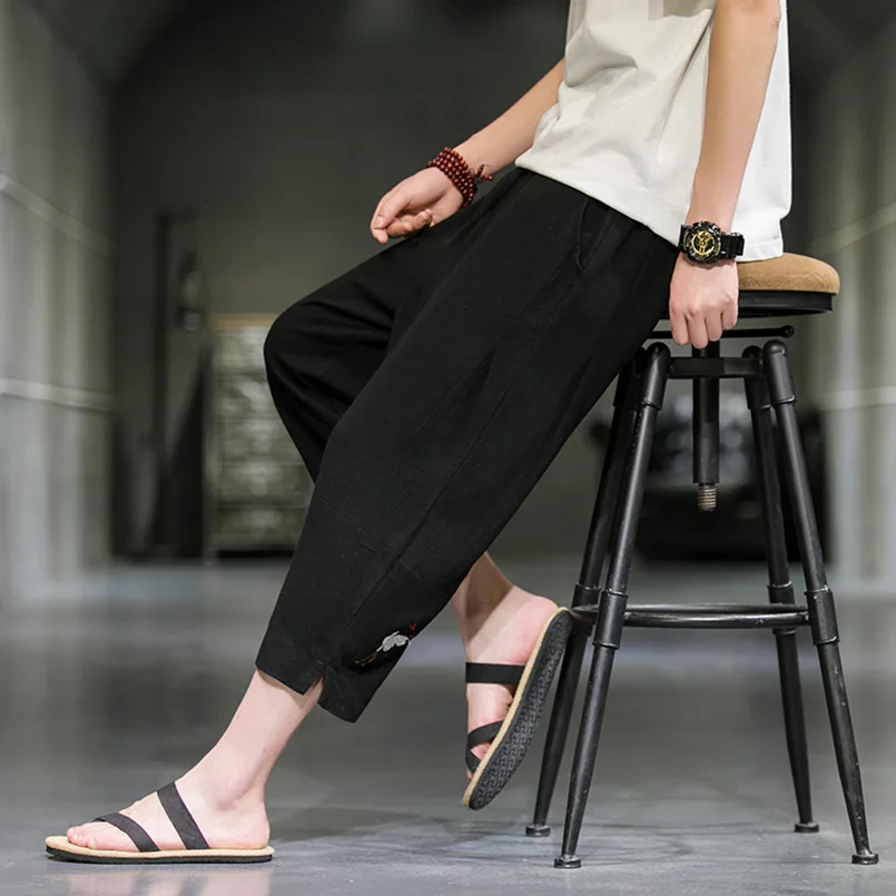 

Льняные мужские летние тонкие повседневные брюки свободного кроя, длиной семь восьмых, дышащие, удобные, спортивные, в стиле Харадзюку, молодежные, модные