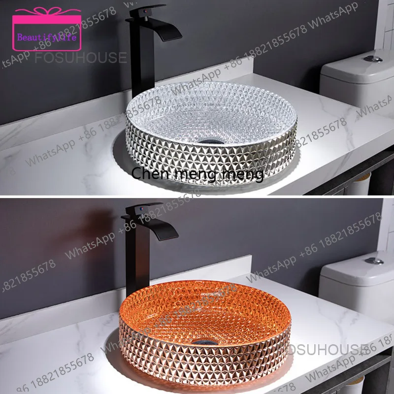 A17 Electroplating Luxury Wash Basin Die-casting Colored Glass Bathroom Sinks Cylindrical Crystal Bathroom Washbasins Washing Si