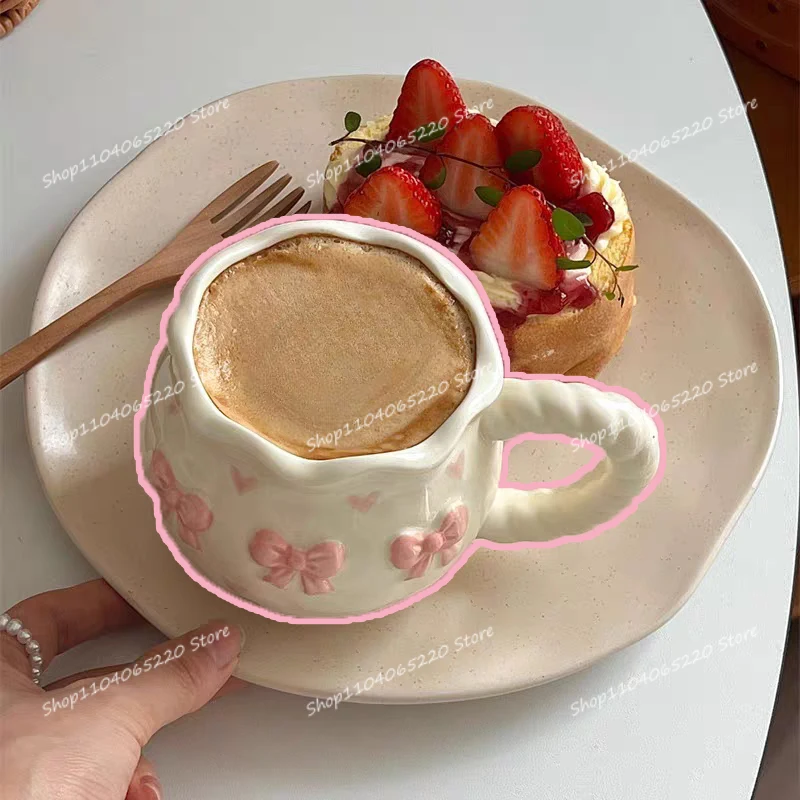 Korean Style Girl Delicate Bow Cherry Relief Mug Milk Coffee Afternoon Tea Party Chat Ins Cute Mood Mug Festival Birthday Gifts
