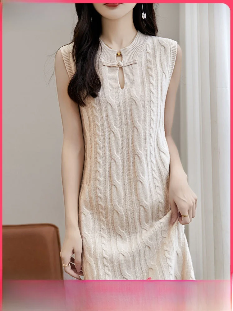 

Autumn Winter New Sle 00 Pure Wool Knitted Dr Women's round Ne Svel Midi Length Camere Base Sweater Dr