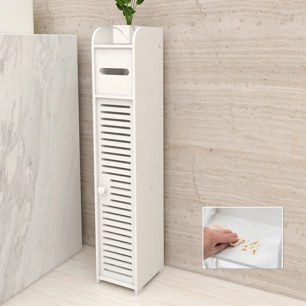 Freistehender Toilettenpapierhalter Schrank, weißes hölzernes Toilettenpapieraufbewahrungsgerät mit Regal, schmales Organizer Regal Papierhalter 81x16x16cm