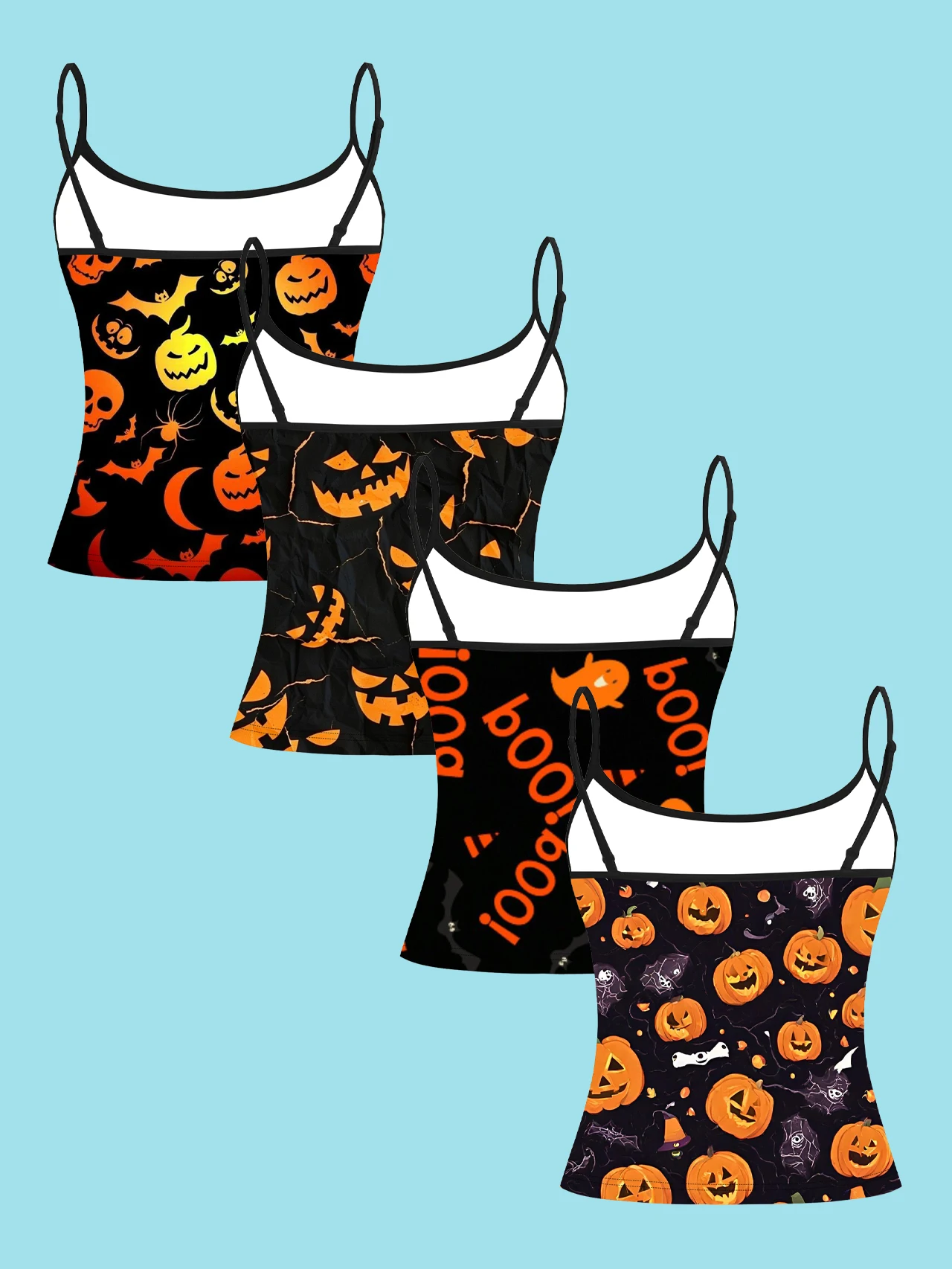 4-Piece Set of Halloween-Themed Fun Pumpkin and Skeleton Women's Camisoles with Bat and Spider Prints, Boo Text All Over, Slim-Fit Spaghetti Strap Short Camisole Tops