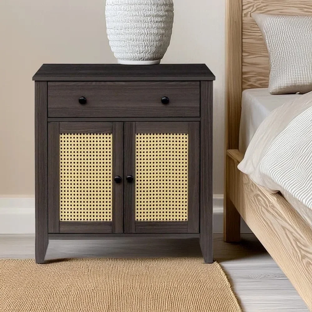 Rattan End Table Storage Cabinet with Adjustable Shelf Sliding Drawer Indoor Accent Table Walnut Finish Easy Assembly